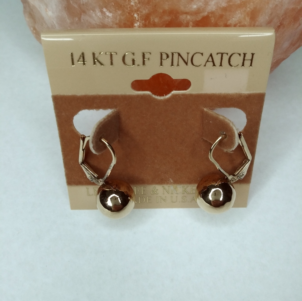 14KT G.F PINCATCH Leverback Ball Earrings Gold Tone Signed 925
